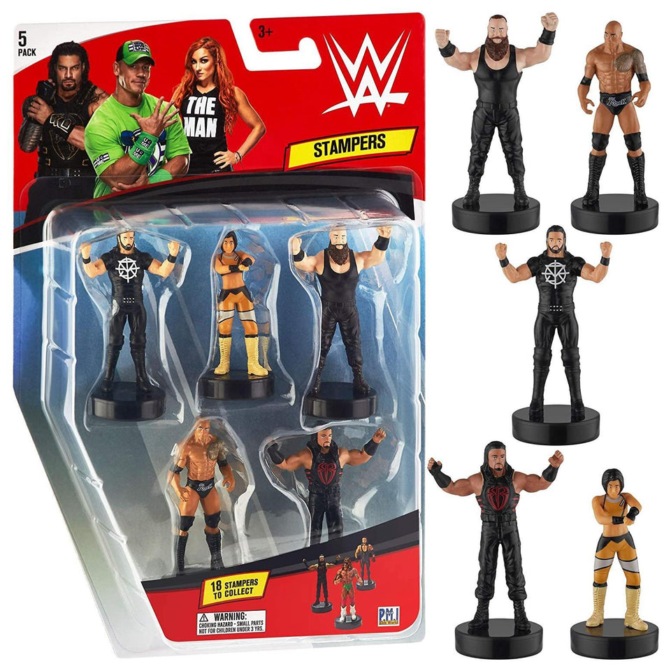 WWE Wrestler Stampers 5pk The Rock Bayley Seth Rollins Roman Strowman PMI International