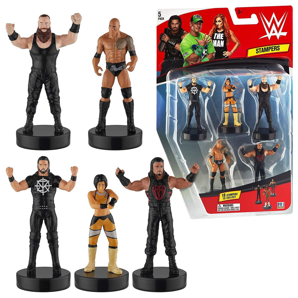 WWE Wrestler Stampers 5pk The Rock Bayley Seth Rollins Roman Strowman PMI International